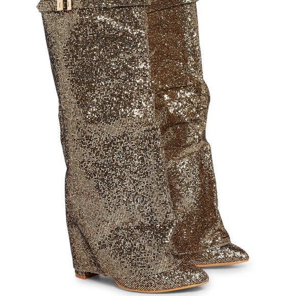 Public Desire" OVER THE TOP " Fold Over Glitter Boots - Gold(BRAND NEW!!!!!!!!!! - Picture 1 of 6